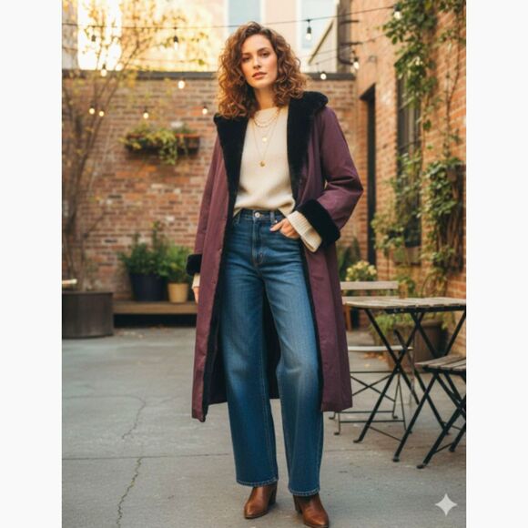 Vintage Cleo Petites Faux Fur Lined Trimmed Purple Thick Coat Size 10 - Picture 1 of 12